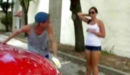 Nerdish young mademoiselle in steamy clothes seduces her muscular bf near the car